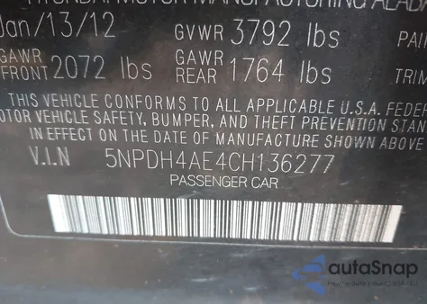 2012 Hyundai Elantra Gls z USA, uszkodzony, nr VIN 5NPDH4AE4CH136277